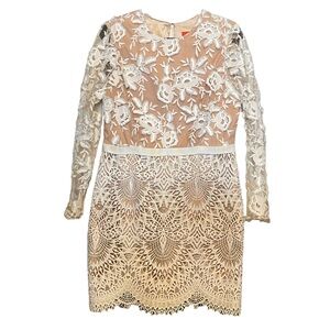 Monique‎ Lhuillier White and Cream Lace Cocktail Dress
